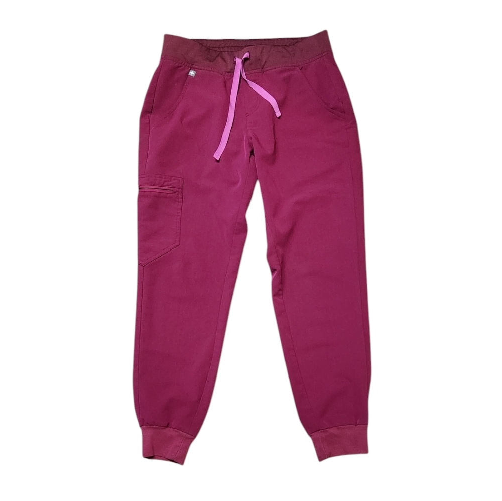 Figs Women's Burgundy Track Jogger Pants with Pink Drawstring